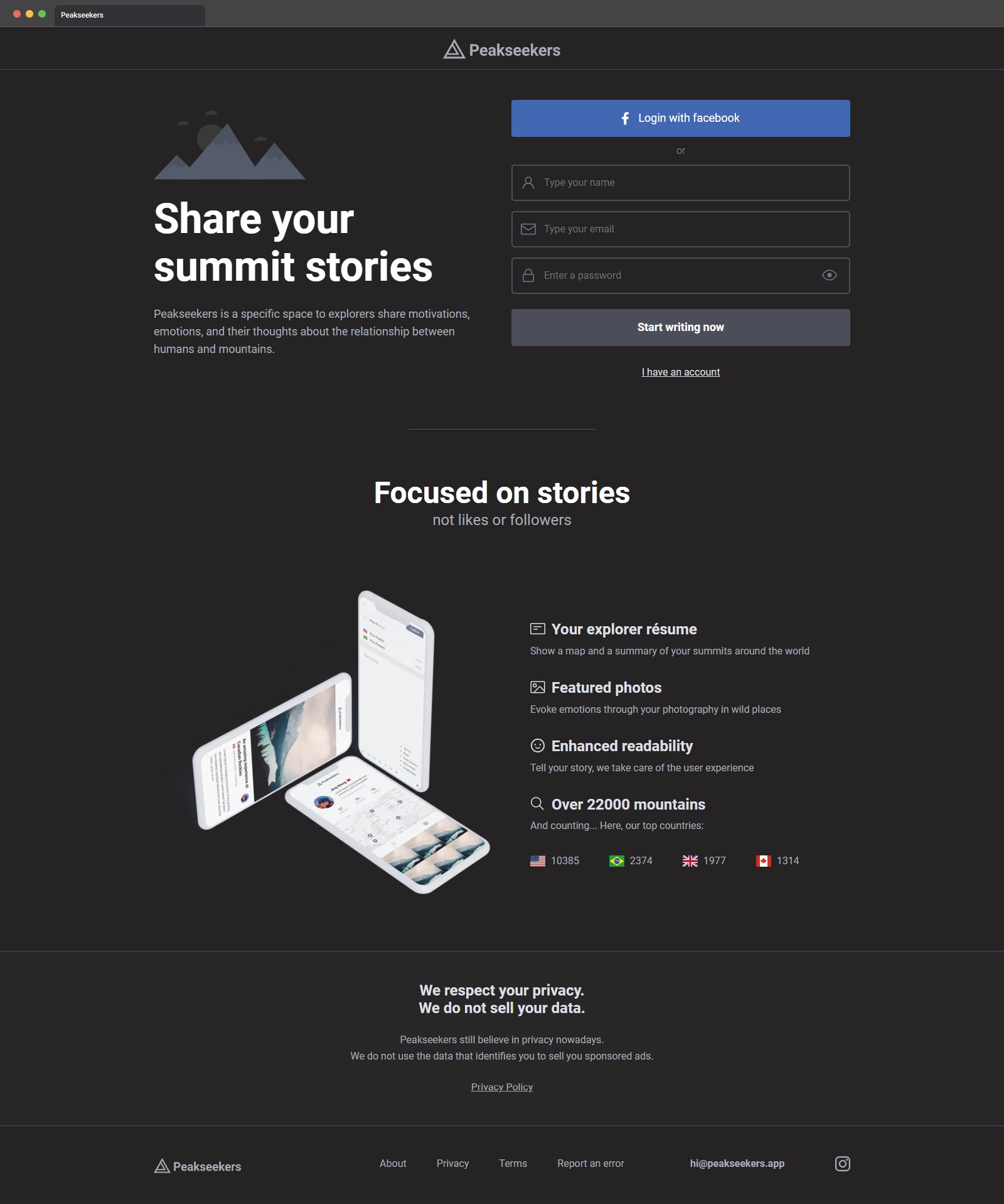 Peakseekers home page - dark mode